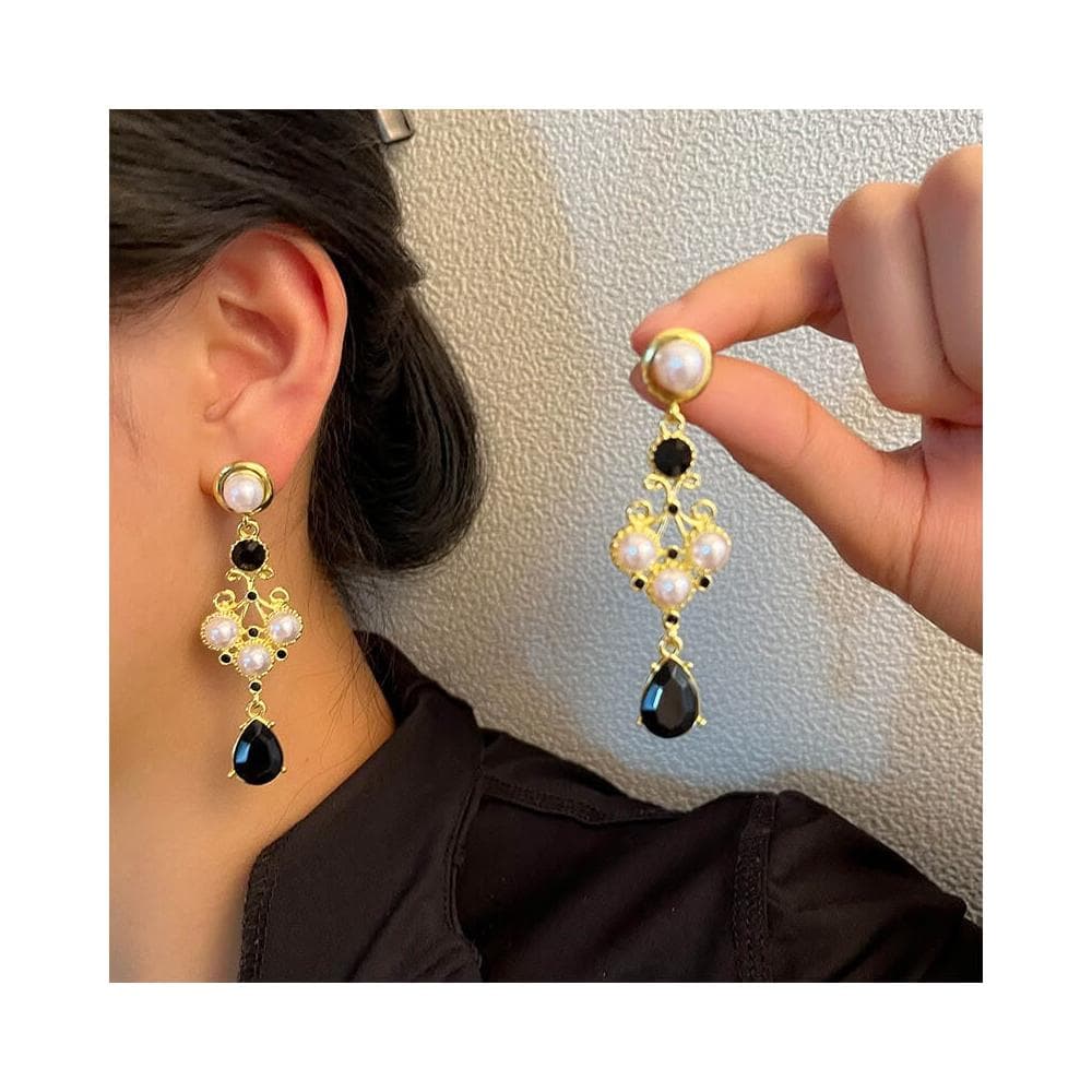 耳環女S銀針法式輕奢巴洛克時髦珍珠耳釘黑鉆水滴耳環女耳飾耳環耳釘耳飾女生耳環法式耳環流行百搭耳釘生日禮物貼耳耳環