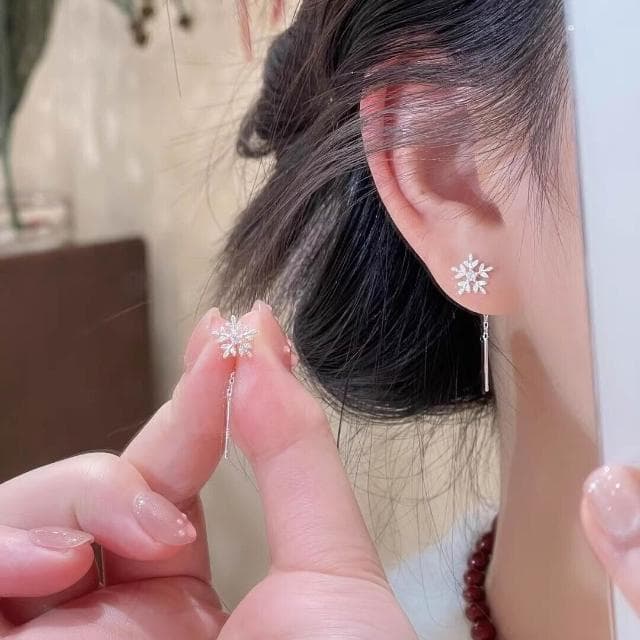 耳環女鑲鉆雪花耳線女新款設計小眾時尚百搭耳環氣質耳飾雪花耳環耳釘耳飾女生耳環法式耳環流行百搭耳釘生日禮物貼耳耳環