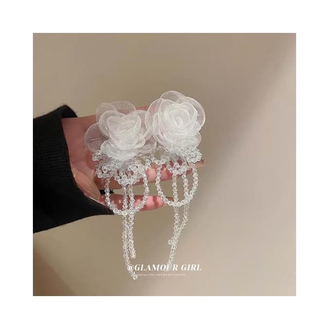 耳環白色歐根紗花朵水晶流蘇耳環新款潮長款小眾氣質百搭耳飾女耳環耳釘耳飾女生耳環法式耳環流行百搭耳釘生日禮物貼耳耳環