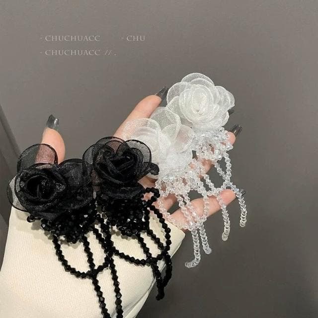 耳環白色歐根紗花朵水晶流蘇耳環新款潮長款小眾氣質百搭耳飾女耳環耳釘耳飾女生耳環法式耳環流行百搭耳釘生日禮物貼耳耳環