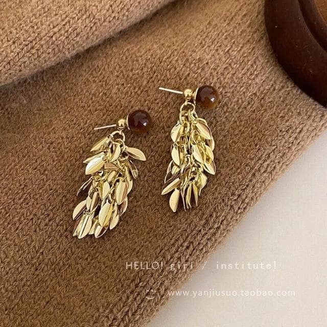 耳環金色羽翼~美拉德虎眼麥穗流蘇耳環女春夏高級感耳釘方圓臉耳飾 耳環耳釘耳飾女生耳環法式耳環流行百搭耳釘生日禮物貼耳耳環