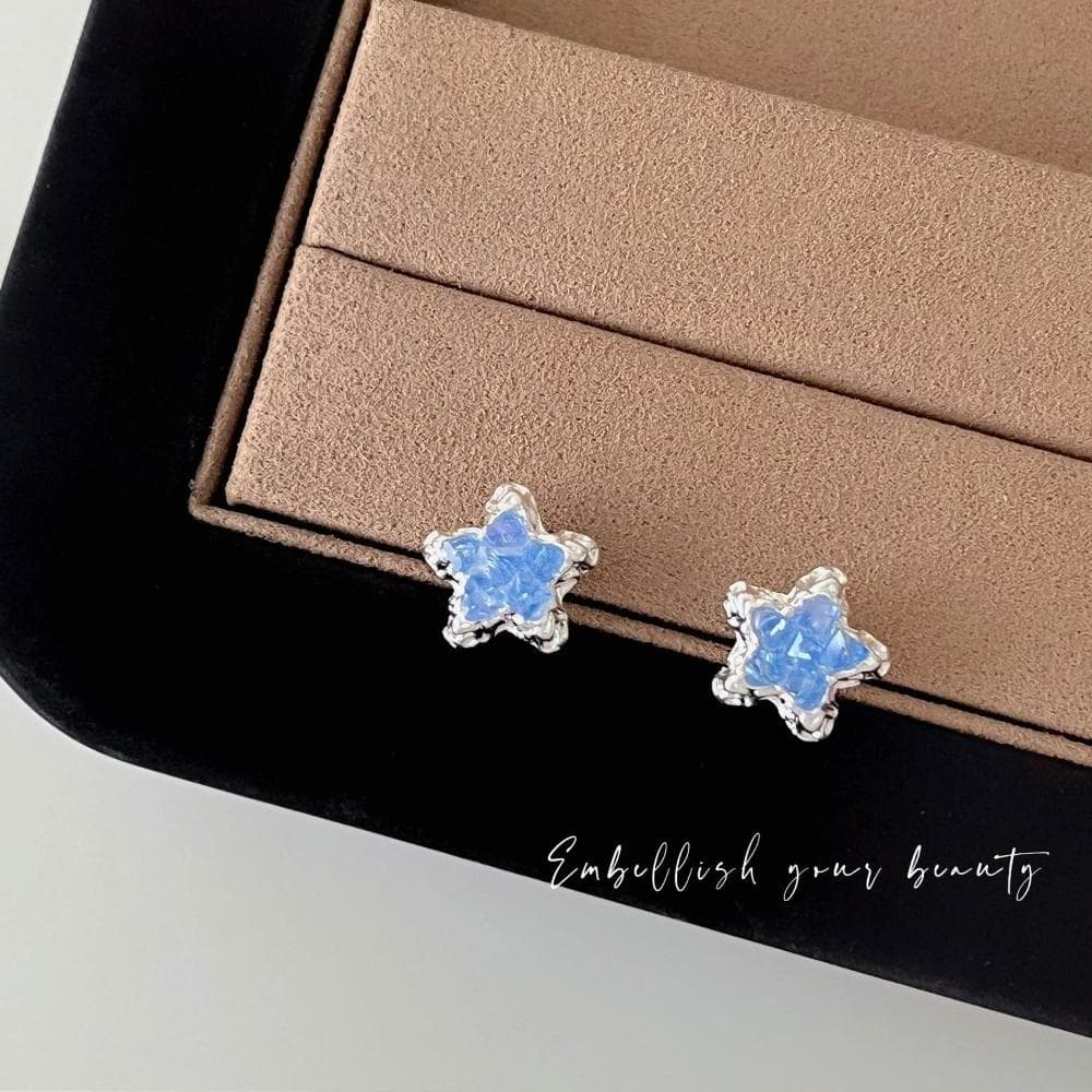 買一送一耳環五角星藍色晶石耳釘女夏季氣質百搭清新簡約耳環小眾設計耳環耳釘耳飾女生耳環法式耳環流行百搭耳釘生日禮物貼耳耳環