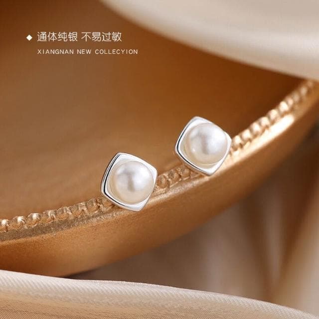 耳環純銀珍珠耳釘新款方形耳環小眾輕奢高級感女耳飾 耳環耳釘耳飾女生耳環法式耳環流行百搭耳釘生日禮物貼耳耳環