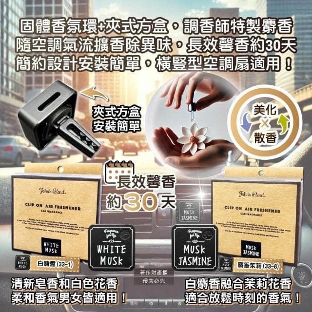 【John’s Blend】日本汽車冷氣方形香氛夾-(33-6)麝香茉莉1入/盒(Johns Blend出風口空氣芳香劑擴香器清新除味香氛車用香水)