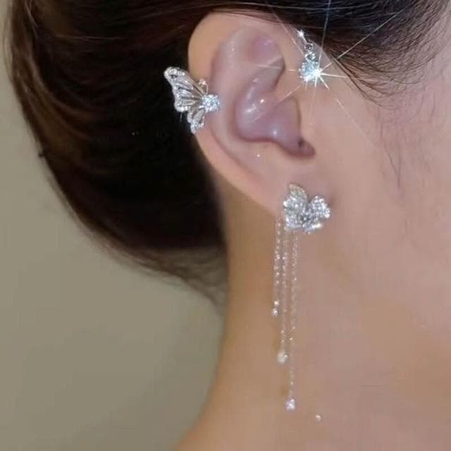 耳環長流蘇無耳洞耳掛超閃小眾精靈蝴蝶耳夾輕奢鑲鉆耳飾 耳環耳釘耳飾女生耳環法式耳環流行百搭耳釘生日禮物貼耳耳環