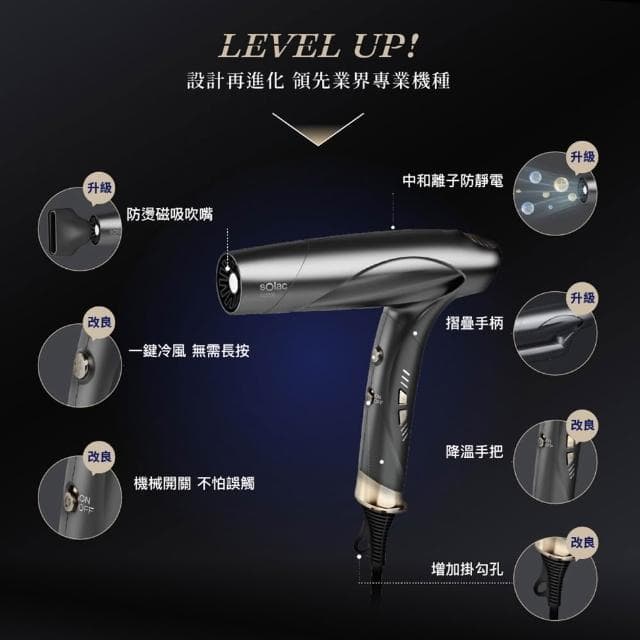 【SOLAC】SD-1300 智能中和離子吹風機 磁吸吹嘴 摺疊吹風機 輕巧摺疊 1300 大風量吹風機 SD-1000升級版