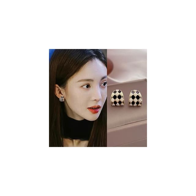 🎗飾間首飾鋪 復古棋盤珍珠耳環女爆款耳環耳夾無耳洞高級感耳飾