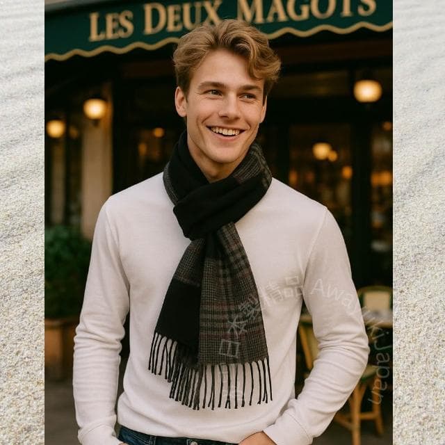 【Awayuki】日本製 羊毛圍巾_Satori Noir（悟・黑）(32x156cm) 圍巾 男生圍巾 日本圍巾 條紋圍巾 雙面圍巾