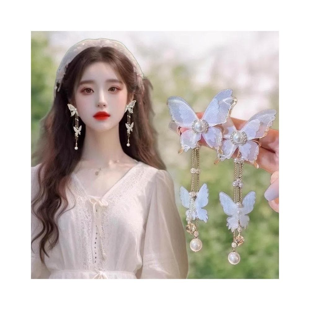 {遇見臻品}BG416新娘超仙氣復古風耳環仙女白蝶白色蝴蝶耳環流蘇耳環超仙網紗蝴蝶耳環ins超仙個性耳飾蝴蝶鑲鑽珍珠耳環