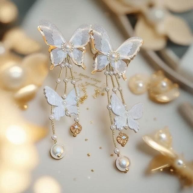 {遇見臻品}BG416新娘超仙氣復古風耳環仙女白蝶白色蝴蝶耳環流蘇耳環超仙網紗蝴蝶耳環ins超仙個性耳飾蝴蝶鑲鑽珍珠耳環