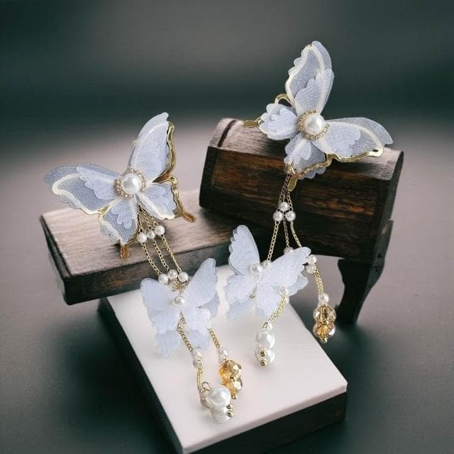{遇見臻品}BG416新娘超仙氣復古風耳環仙女白蝶白色蝴蝶耳環流蘇耳環超仙網紗蝴蝶耳環ins超仙個性耳飾蝴蝶鑲鑽珍珠耳環