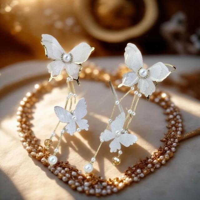 {遇見臻品}BG416新娘超仙氣復古風耳環仙女白蝶白色蝴蝶耳環流蘇耳環超仙網紗蝴蝶耳環ins超仙個性耳飾蝴蝶鑲鑽珍珠耳環