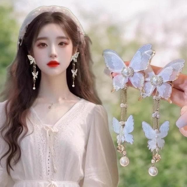 {遇見臻品}BG416新娘超仙氣復古風耳環仙女白蝶白色蝴蝶耳環流蘇耳環超仙網紗蝴蝶耳環ins超仙個性耳飾蝴蝶鑲鑽珍珠耳環