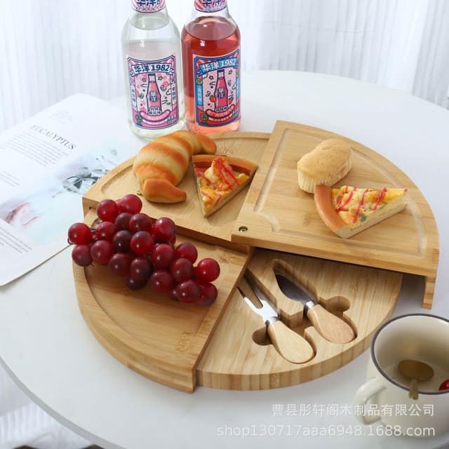廠家直發 免稅 竹製芝士板套裝圓形可旋轉奶酪板菜板含刀具牛排面包水果點心餐盤