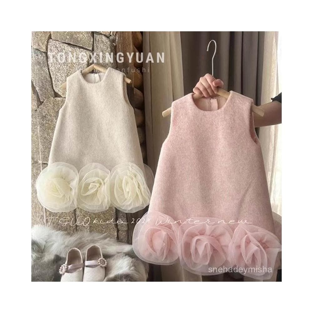 童星圓女童小香風連衣裙新款兒童秋冬女寶週嵗生日禮服花朵背心裙