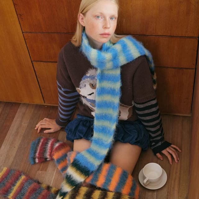 圍巾女韓國設計師款撞色條紋針織圍巾秋冬季小眾細窄軟糯毛線圍脖保暖披肩圍巾質感圍巾冷氣披肩空調百搭保暖圍脖防風圍脖韓版圍巾