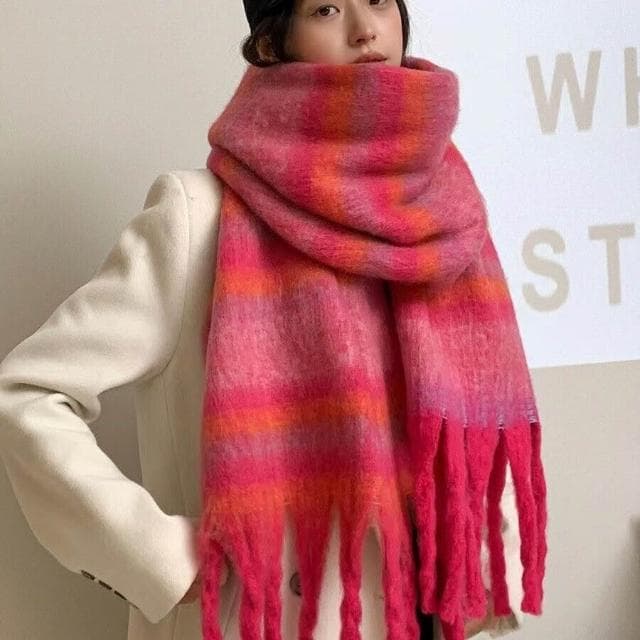 圍巾女馬海毛圍巾秋冬季新款彩虹格子高級感加厚保暖圍脖學生披肩保暖披肩圍巾質感圍巾冷氣披肩空調百搭保暖圍脖防風圍脖韓版圍巾