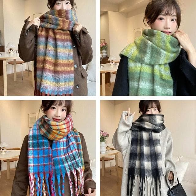 圍巾女秋冬格子圍巾高級感女士保暖新款仿羊絨流蘇女士圍脖披肩保暖披肩圍巾質感圍巾冷氣披肩空調百搭保暖圍脖防風圍脖韓版圍巾