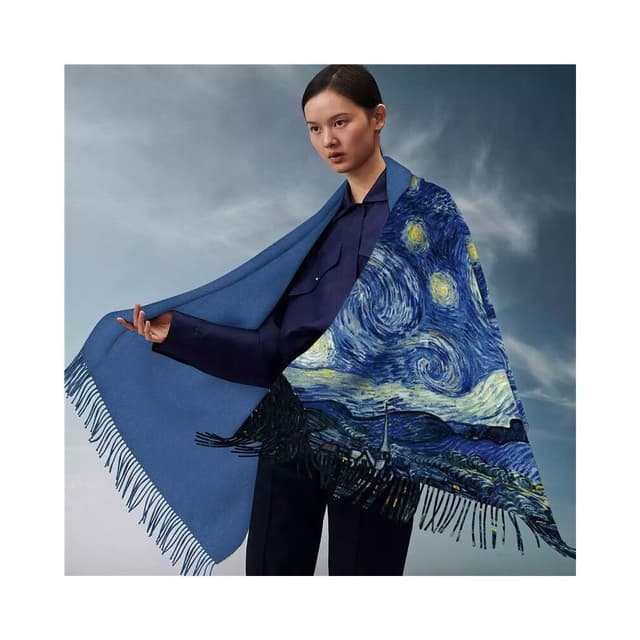 圍巾女秋冬季仿羊絨圍巾梵高油畫雙面印花圍脖冬季保暖流蘇披肩保暖披肩圍巾質感圍巾冷氣披肩空調百搭保暖圍脖防風圍脖韓版圍巾