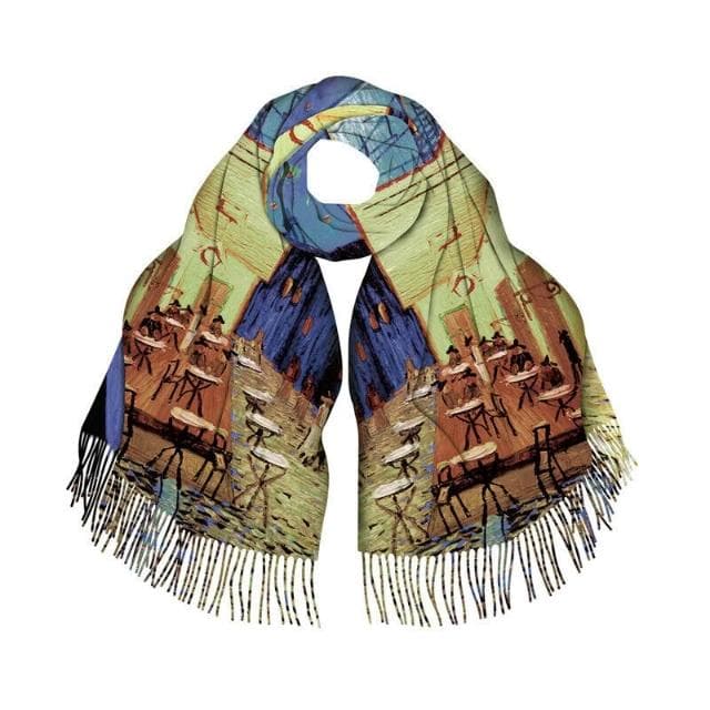 圍巾女秋冬季仿羊絨圍巾梵高油畫雙面印花圍脖冬季保暖流蘇披肩保暖披肩圍巾質感圍巾冷氣披肩空調百搭保暖圍脖防風圍脖韓版圍巾