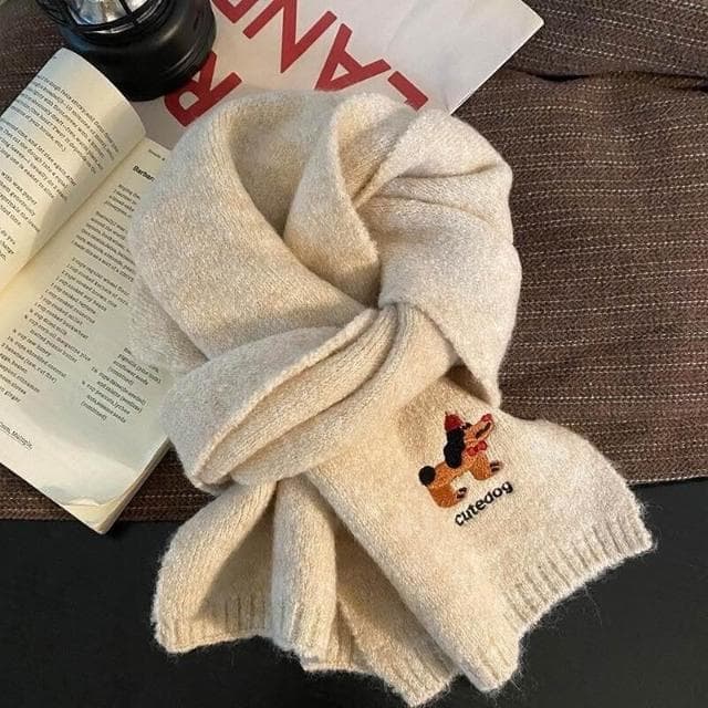 圍巾女韓系可愛小狗刺繡圍巾女冬季時尚毛混紡披肩加厚保暖防寒針織圍脖保暖披肩圍巾質感圍巾冷氣披肩保暖圍脖防風圍脖韓版圍巾