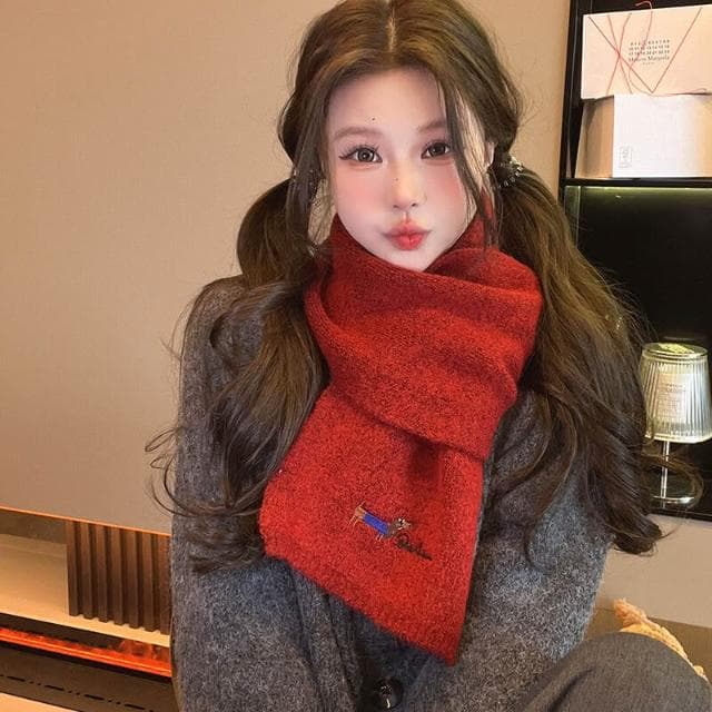 圍巾女刺繡小狗針織圍巾女秋冬季學生騎車保暖百搭仿羊絨情侶圍脖保暖披肩圍巾質感圍巾冷氣披肩空調百搭保暖圍脖防風圍脖韓版圍巾