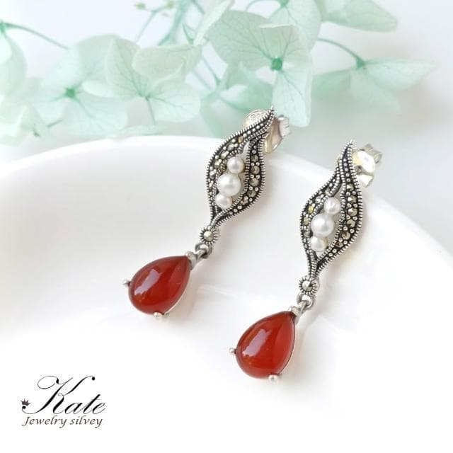 【KATE】銀飾 維多利亞古典輕奢天然紅瑪瑙珍珠純銀耳環 珠寶專櫃精品 純銀耳環 珍珠耳環 垂墜耳環 生日禮物 情人禮物