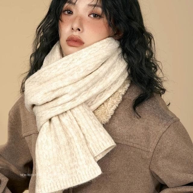 圍巾軟糯米白色純色圍巾女冬季麻花保暖加厚針織毛線學院風圍脖男男女同款保暖圍巾百搭圍脖質感保暖圍巾素面圍巾韓版圍脖披肩長款