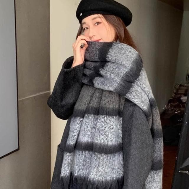 圍巾女條紋圍巾冬季女生高級感拉毛彩色保暖圍脖學生情侶披肩兩用保暖披肩圍巾質感圍巾冷氣披肩空調百搭保暖圍脖防風圍脖韓版圍巾