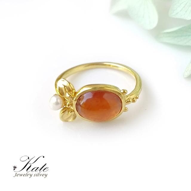 【KATE】銀飾 手工珠寶天然錳鋁石榴石珍珠純銀戒指 銀飾 芬達石 一月生日石 橙橘色 珠寶等級 #12 寶石戒指