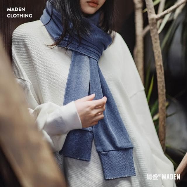 【馬登工裝】復古藍色針織長款披肩圍巾兩用保暖護頸圍脖外搭護肩女士秋冬