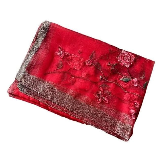 比比優精選 桑蠶絲羊毛圍巾 手工刺繡 披肩 真絲 紅色花朵珍珠絲巾