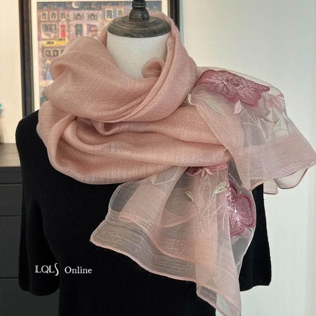 比比優精選 真絲 羊毛 重工繡花 圍巾 刺繡 氣質紗巾薄款時尚女春