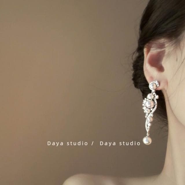 耳環長款珍珠耳環女锆石超閃奢華婚紗禮服晚宴氣質百搭高級感耳飾耳環耳釘耳飾女生耳環法式耳環流行百搭耳釘生日禮物貼耳耳環