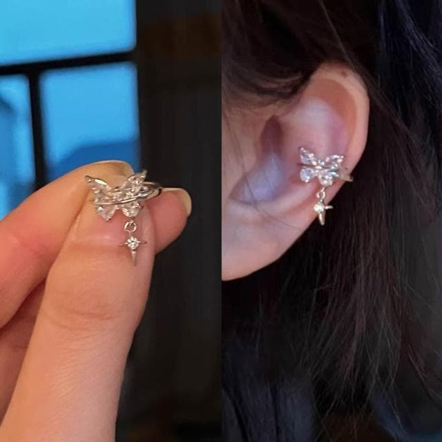 耳環女純欲锆石蝴蝶無耳洞耳夾女芒星耳環新款小眾設計氣質感耳骨夾女耳環耳釘耳飾女生耳環法式耳環流行百搭耳釘生日禮物貼耳耳環