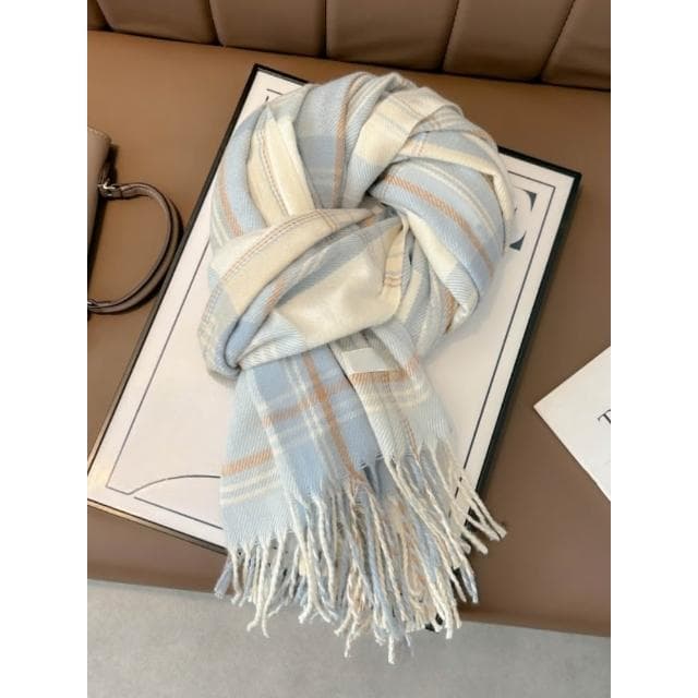 梵花 圍巾冬季女高級感藍色格子披肩百搭韓系氛圍感學生圍脖男