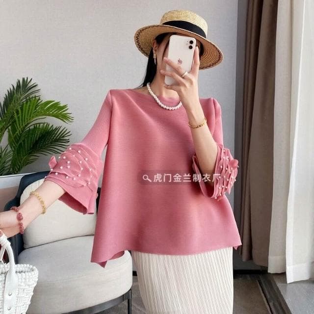 鑫奧精品  免運 三宅千影褶皺T恤釘珠喇叭袖純色通勤寬松上衣中年媽媽母親節禮物