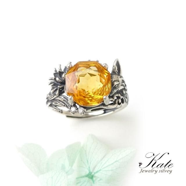 【KATE】銀飾 招財小狐狸天然黃水晶純銀戒指 黃水晶戒指 招財戒指 千禧車工 狐狸 活圍戒指 生日禮物 情人禮物