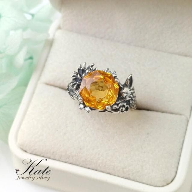 【KATE】銀飾 招財小狐狸天然黃水晶純銀戒指 黃水晶戒指 招財戒指 千禧車工 狐狸 活圍戒指 生日禮物 情人禮物