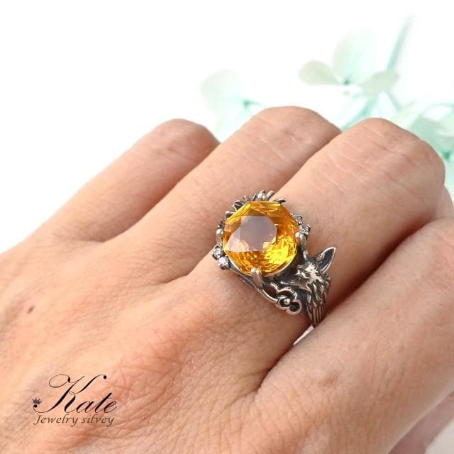 【KATE】銀飾 招財小狐狸天然黃水晶純銀戒指 黃水晶戒指 招財戒指 千禧車工 狐狸 活圍戒指 生日禮物 情人禮物