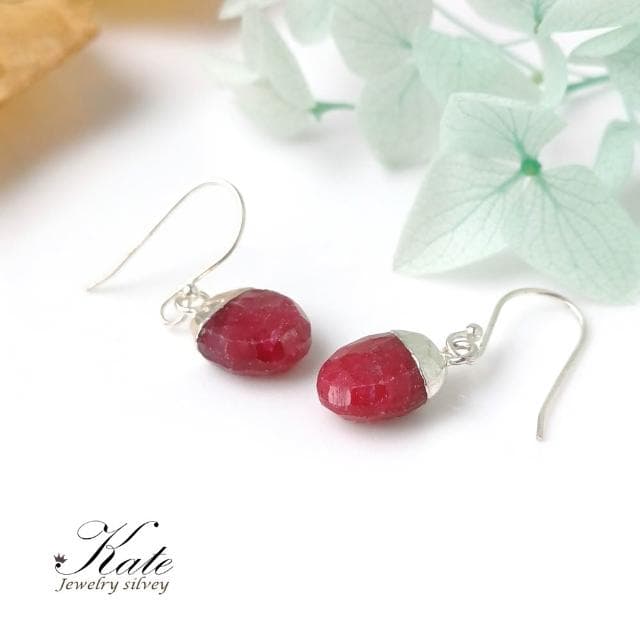 【KATE】銀飾 手工款天然紅寶石Ruby純銀耳環 紅寶石原礦 七月生日石 紅寶石耳環 紅色開運 紅剛玉 可改夾 生日禮物 情人禮物