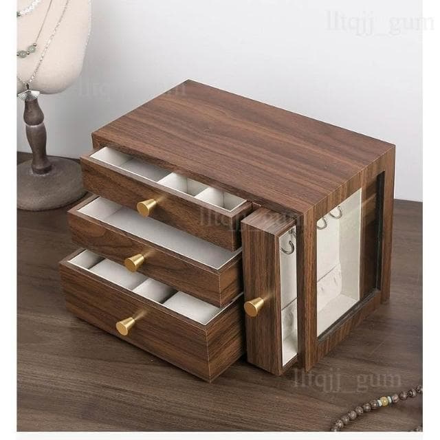 胡桃木首飾收納盒 多層耳釘收納盒 戒指項鍊手鐲飾品盒 手錶珠寶高級木質盒 大容量項鍊收納盒 戒指耳環