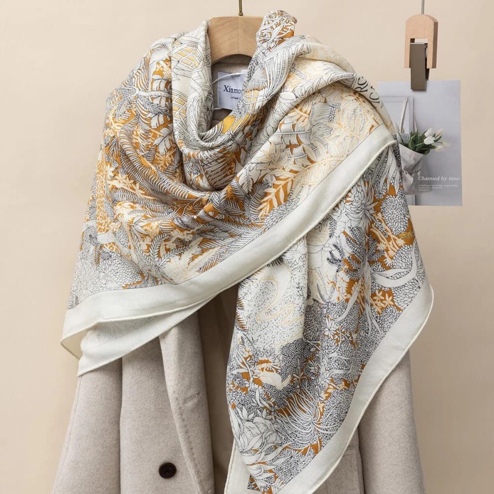 好夢想精品館   時尚真絲羊絨圍巾女冬季高級感百搭保暖羊毛方巾披肩