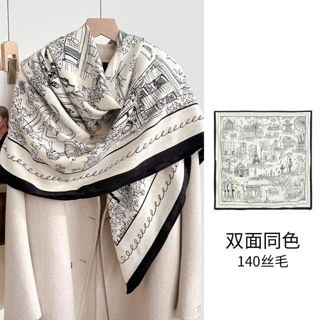 好夢想精品館  雙面異色真絲羊毛140絲巾重工高級感絲毛大披肩秋冬百搭保暖圍巾