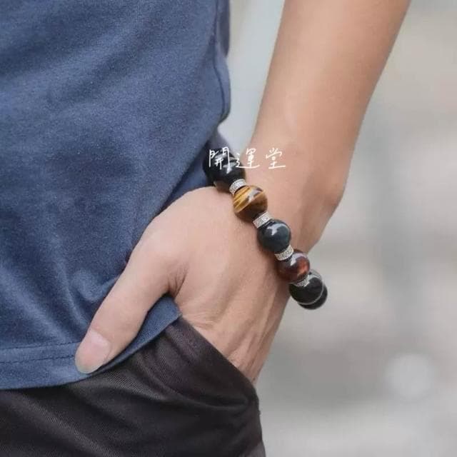 🔥爆款三色虎眼石黑曜石手鍊彩眼黑耀石手鍊黃紅藍虎眼石手串天然水晶飾品男手串情侶