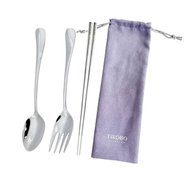 【TiKOBO 鈦工坊】純鈦湯叉筷3件組 附絨布袋 含湯匙+叉子+筷子23.5cm ( 環保餐具 飯匙 水果叉 空心筷 方形筷 非不鏽鋼 )