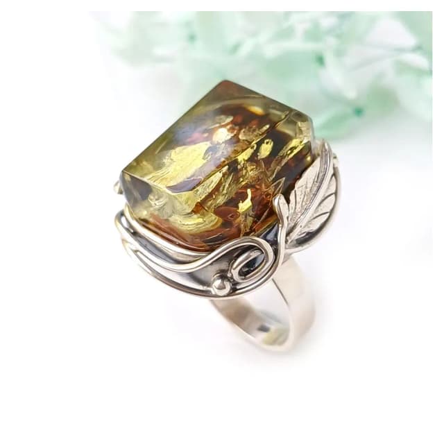 【KATE】銀飾 🎁古典歐風波蘭天然琥珀純銀戒指 天然琥珀 手工琥珀戒指 大顆琥珀原礦 珀花超美 生日禮物 情人禮物