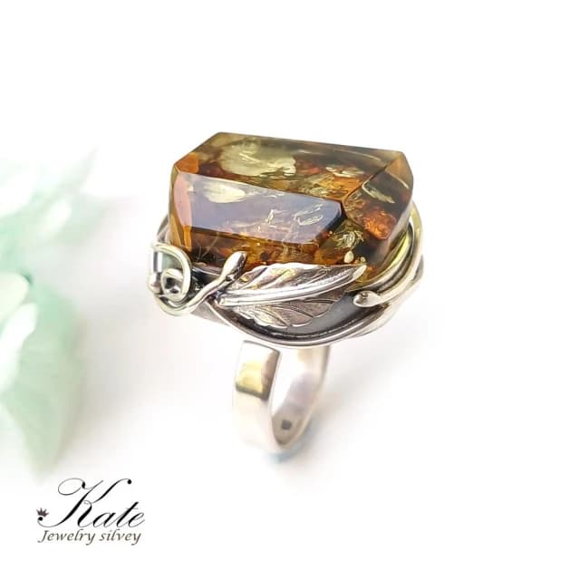 【KATE】銀飾 🎁古典歐風波蘭天然琥珀純銀戒指 天然琥珀 手工琥珀戒指 大顆琥珀原礦 珀花超美 生日禮物 情人禮物