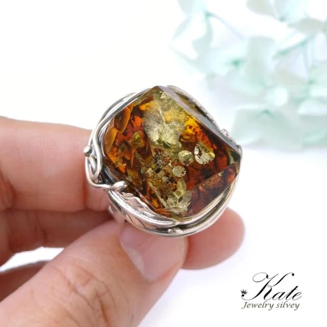 【KATE】銀飾 🎁古典歐風波蘭天然琥珀純銀戒指 天然琥珀 手工琥珀戒指 大顆琥珀原礦 珀花超美 生日禮物 情人禮物
