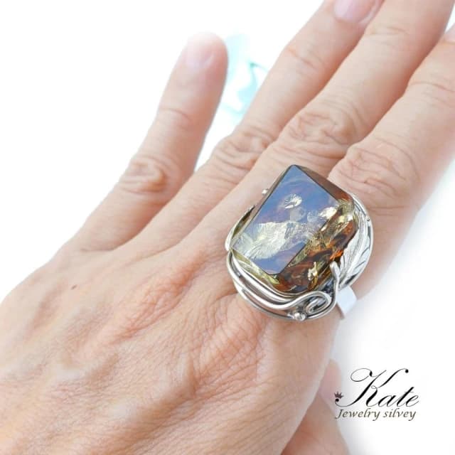 【KATE】銀飾 🎁古典歐風波蘭天然琥珀純銀戒指 天然琥珀 手工琥珀戒指 大顆琥珀原礦 珀花超美 生日禮物 情人禮物